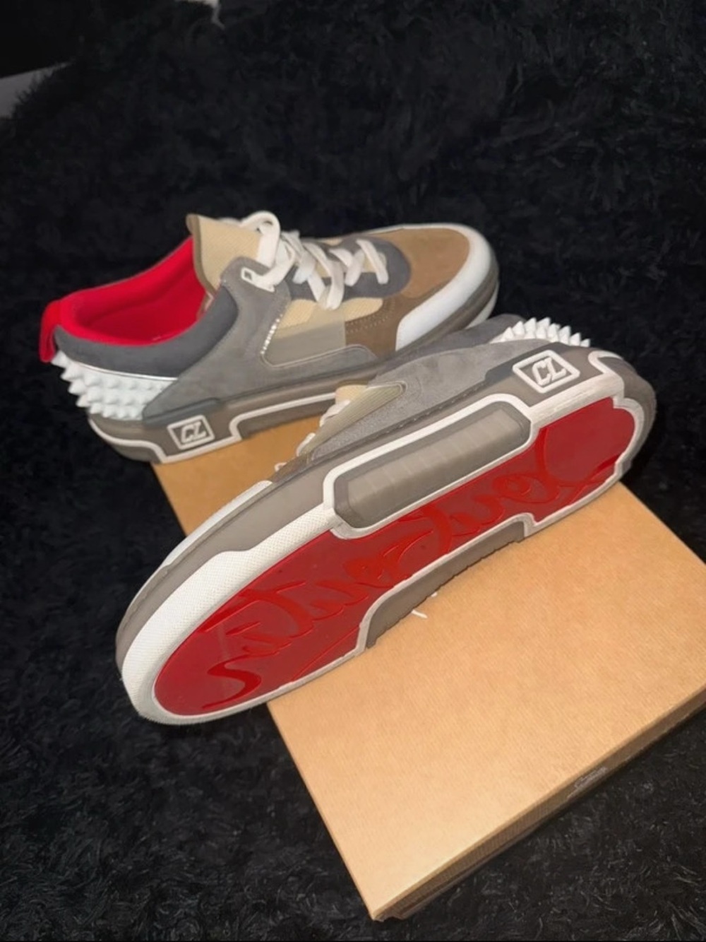 Christian Louboutin Gray, Tan & Red Spike-Back Men's Sneakers